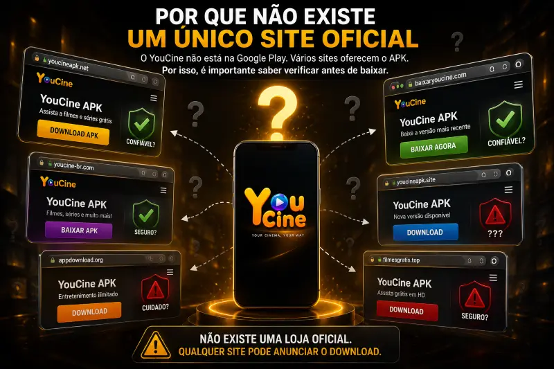 Ilustração mostrando por que não existe um único site oficial do YouCine, com diferentes sites oferecendo o APK e elementos visuais de verificação e alerta
